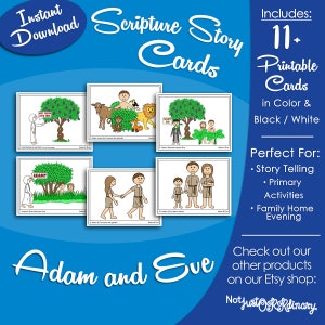 Tarjetas con la historia de Adán y Eva, actividad para la hora del cuento de la Primaria de los Santos de los Últimos Días, días visuales imprimibles, imagen gráfica, árbol del conocimiento