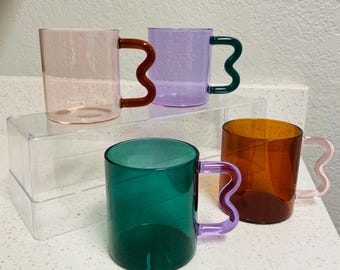Squiggle Wavy Retro Handle Multi Color Borosilicate Glass Clear Transparent Cup Mug Green Pink Amber Purple