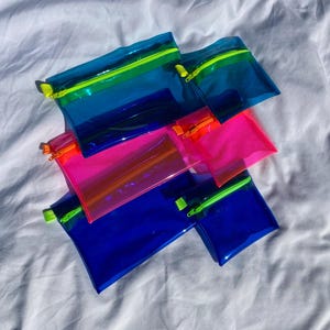 Monedero con cremallera, monedero, bolsa, monedero, monedero, transparente, vinilo, color rosa neón, clásico, azul cielo, azul