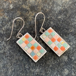 Mosaic Earrings / Pale Green, Peach, Pink & Ivory-Toned Tiles / Silver Rectangular Setting / Solid Sterling Silver Ear Hooks