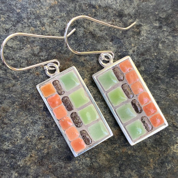 Mosaic Earrings / Pale Green, Peach & Greyish brown Tiles / Silver Rectangular Setting / Solid Sterling Silver Ear Hooks