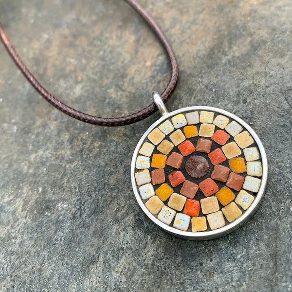 Mosaic Sunburst Pendant / Moroccan Tiles in Cream, Honey, Yellow, Burnt Orange, Terra Cotta, and Deep Brown / Round Silver Setting