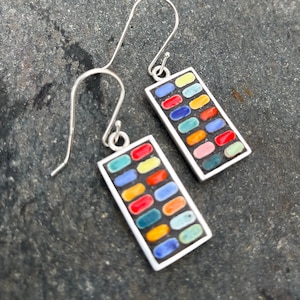 Mosaic Earrings with Multi-colored Ceramic Oval Tiles in Long Rectangular Silver Setting