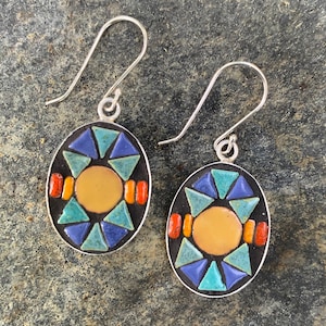 Mosaic Earrings / Deep Blue, Turquoise, Orange and Yellow Ceramic Tiles / Oval Silver Setting / Solid Sterling Silver Ear Hooks