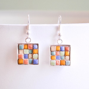 Mosaic Earrings with Blues, Yellows, Greens and Pinks in Square Silver Setting