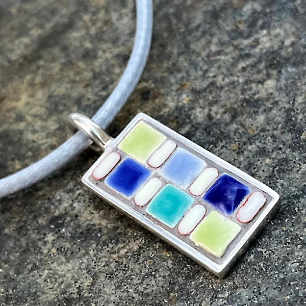 Mosaic Tile Pendant / Necklace with Blue, Green, Aqua and White Ceramic Tiles in a Rectangular Silver Setting