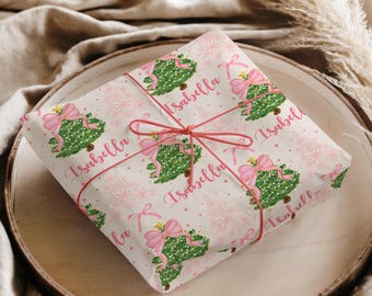 Christmas 2025, Personalized Coquette Pink Xmas Wrapping Paper Roll – Custom Name Holiday Gift Wrap for Girls & Teens
