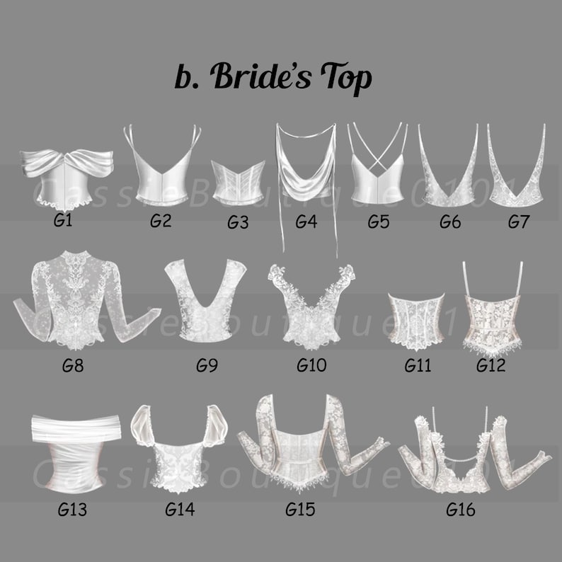 Puede incluir: Una selecci&oacute;n de 16 estilos diferentes de tops de novia, etiquetados del G1 al G16. Los tops son todos blancos y presentan varios dise&ntilde;os de encaje, sat&eacute;n y tul.