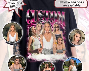 May include: Black t-shirt with a pink and white graphic design that says "CUSTOM your text". The graphic features a collage of images of women. The t-shirt is available for customization with color, text, and photo.