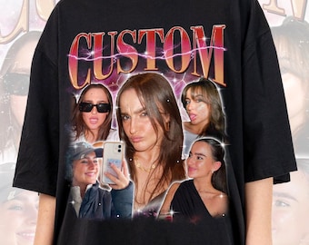 May include: Black t-shirt with a graphic print of four women's faces and the word "CUSTOM" in a bold, red font with lightning bolts.