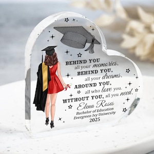 May include: Heart-shaped clear acrylic keepsake with a graduation theme. It features an illustration of a graduate in a red dress and cap, with text that reads "BEHIND YOU..." and the graduate's name, degree, and year.