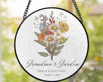 Regalo para el Día de la Madre 2025 para la abuela, jardín personalizado para la abuela, ramo de flores para el mes de nacimiento de la abuela, atrapasol de vitral para nietos.