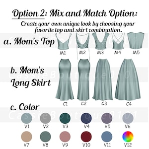 Puede incluir: Un gr&aacute;fico con cinco estilos de blusas diferentes para un vestido etiquetado como "Top de mam&aacute;" y cuatro estilos de faldas diferentes etiquetados como "Falda larga de mam&aacute;". El gr&aacute;fico tambi&eacute;n incluye una paleta de colores con doce colores diferentes etiquetados como V1 a V12.