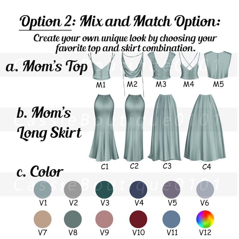 Puede incluir: Un gr&aacute;fico con cinco estilos de blusas diferentes para un vestido etiquetado como "Top de mam&aacute;" y cuatro estilos de faldas diferentes etiquetados como "Falda larga de mam&aacute;". El gr&aacute;fico tambi&eacute;n incluye una paleta de colores con doce colores diferentes etiquetados como V1 a V12.