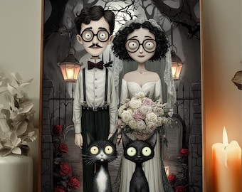 May include: A framed print featuring a stylized couple in wedding attire, with large round glasses, standing in a gothic graveyard scene. Two black cats with large yellow eyes are at their feet. The bride holds a bouquet of roses.