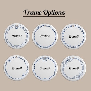 May include: Six white circular ornaments arranged in two rows, each featuring a unique dark blue line-art border design. The text "Frame Options" appears at the top, with each ornament labeled "Frame 1" through "Frame 6" in black script.