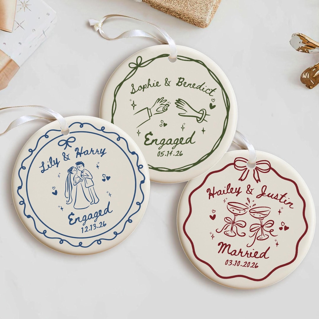 2 Sided Ceramic Ornament, Custom Engagement Gift, Personalized Engagement Gift for Engaged