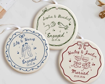 2 Sided Ceramic Ornament, Custom Engagement Gift, Personalized Engagement Gift for Engaged Couples, Wedding Gift Newlyweds, Bride and Groom