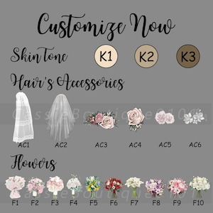 Puede incluir: Personalizar ahora. Una ilustraci&oacute;n digital de accesorios para el cabello y flores de novia. Elige entre tres tonos de piel, seis accesorios para el cabello y diez opciones de flores.