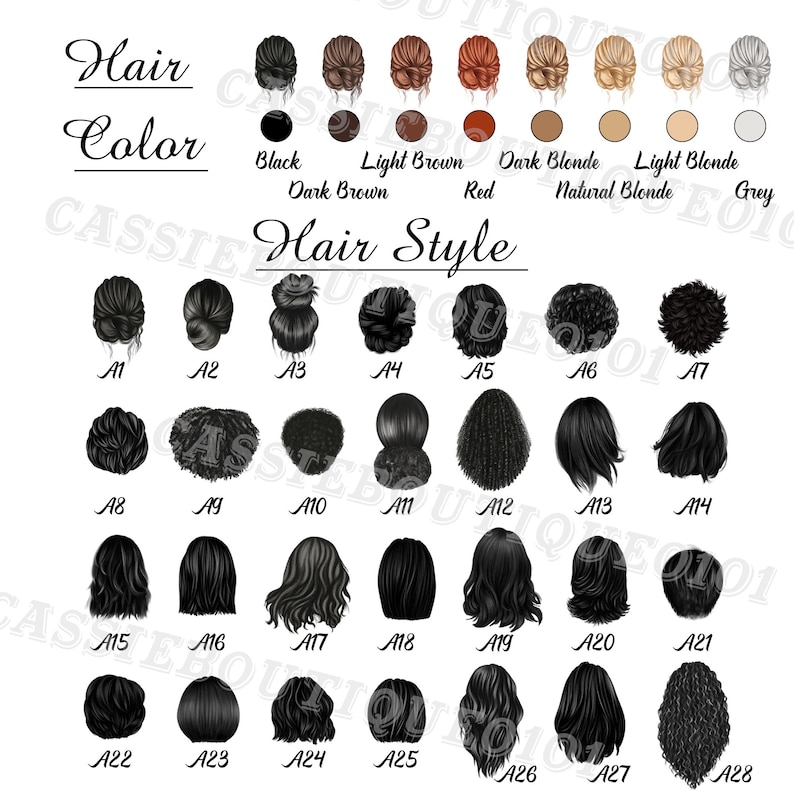 Puede incluir: Un gr&aacute;fico con 28 peinados diferentes para mujeres. El gr&aacute;fico incluye una clave de color con opciones para cabello negro, marr&oacute;n oscuro, marr&oacute;n claro, rojo, rubio oscuro, rubio natural, rubio claro y gris.