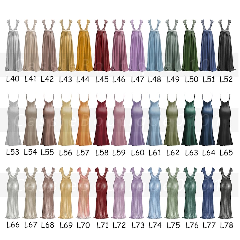 Puede incluir: Una tabla con 18 colores diferentes de vestidos de dama de honor. Los vestidos tienen todos el mismo estilo, con un corpi&ntilde;o ajustado y una falda fluida. Los colores van de claro a oscuro, e incluyen tonos de rosa, azul, verde, amarillo y rojo.