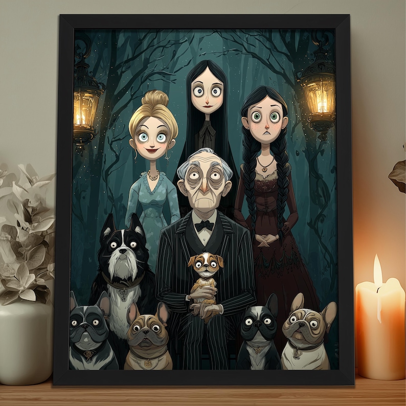 Puede incluir: Una impresi&oacute;n enmarcada que presenta un retrato familiar estilizado con un tema g&oacute;tico. La familia incluye a un hombre, tres mujeres y varios perros. El fondo muestra un bosque oscuro con linternas encendidas. La paleta de colores es oscura con tonos apagados.