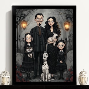 Puede incluir: Ilustraci&oacute;n enmarcada de una familia vestida de negro, ambientada en un cementerio. La familia incluye a un hombre con traje de rayas, una mujer y dos ni&ntilde;os, cada uno con una mascota. Un perro d&aacute;lmata est&aacute; sentado frente a la familia.