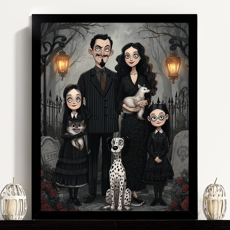 Puede incluir: Ilustraci&oacute;n enmarcada de una familia vestida de negro, ambientada en un cementerio. La familia incluye a un hombre con traje de rayas, una mujer y dos ni&ntilde;os, cada uno con una mascota. Un perro d&aacute;lmata est&aacute; sentado frente a la familia.