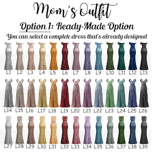 Puede incluir: Un gr&aacute;fico con 39 estilos de vestidos diferentes para una madre de la novia o del novio. Los vestidos son todos largos y tienen una variedad de colores, incluyendo rojo, azul, verde, dorado y morado.