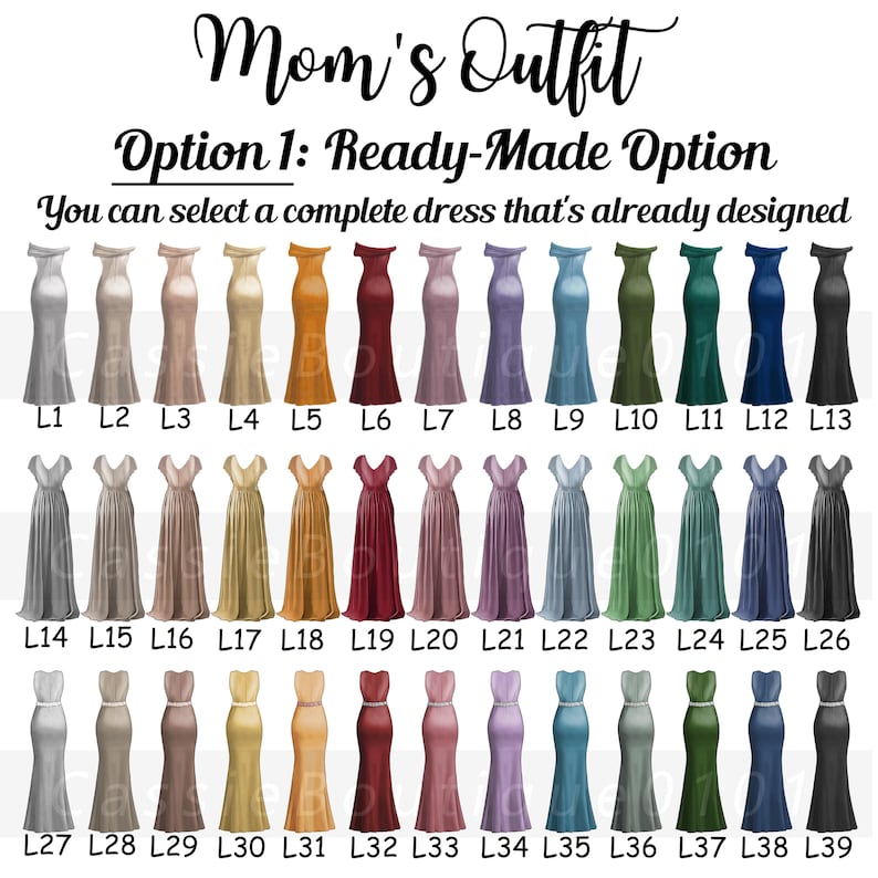 Puede incluir: Un gr&aacute;fico con 39 estilos de vestidos diferentes para una madre de la novia o del novio. Los vestidos son todos largos y tienen una variedad de colores, incluyendo rojo, azul, verde, dorado y morado.
