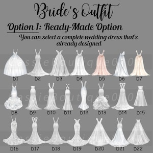 Puede incluir: Un gr&aacute;fico con 22 estilos diferentes de vestidos de novia, etiquetados del D1 al D22. Los vestidos son todos blancos y tienen diferentes siluetas, escotes y adornos. El texto "Bride's Outfit" y "Option 1: Ready-Made Option" est&aacute; en la parte superior del gr&aacute;fico.