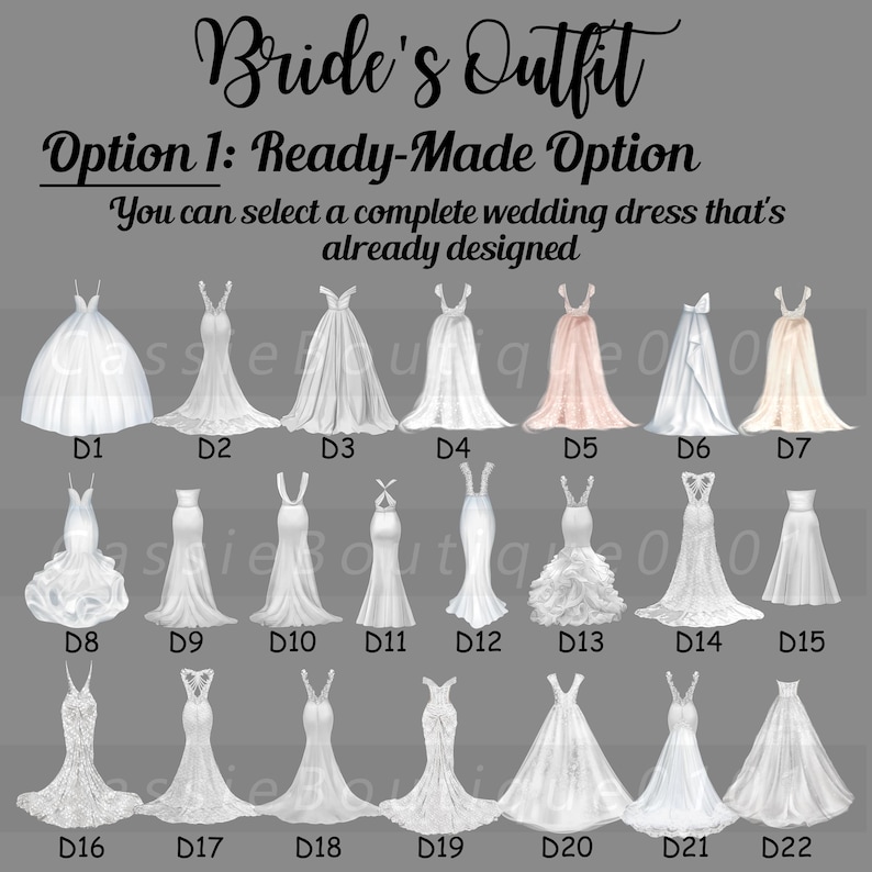 Puede incluir: Un gr&aacute;fico con 22 estilos diferentes de vestidos de novia, etiquetados del D1 al D22. Los vestidos son todos blancos y tienen diferentes siluetas, escotes y adornos. El texto "Bride's Outfit" y "Option 1: Ready-Made Option" est&aacute; en la parte superior del gr&aacute;fico.