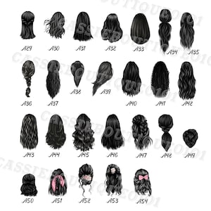 Puede incluir: Un conjunto de 54 ilustraciones en blanco y negro de diferentes peinados para mujeres. Cada ilustraci&oacute;n est&aacute; etiquetada con un n&uacute;mero.