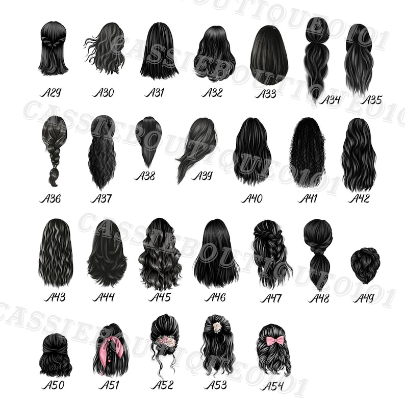 Puede incluir: Un conjunto de 54 ilustraciones en blanco y negro de diferentes peinados para mujeres. Cada ilustraci&oacute;n est&aacute; etiquetada con un n&uacute;mero.