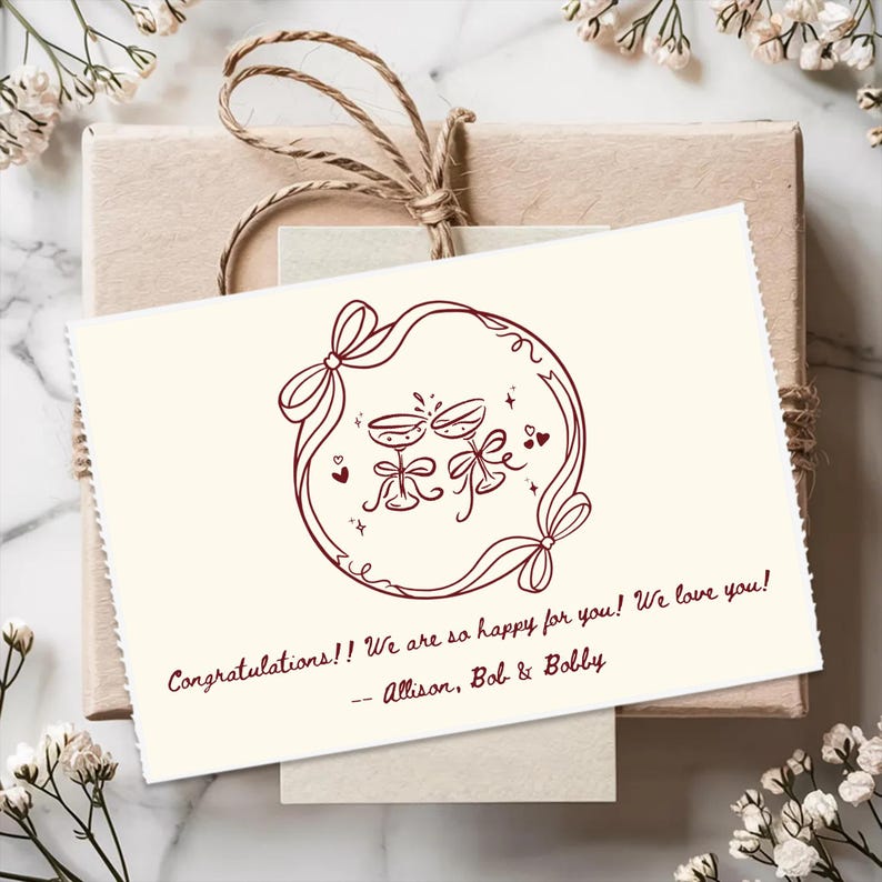 May include: A rectangular cream-colored greeting card featuring a dark red line-art illustration of two clinking champagne glasses inside a ribbon-tied circular frame. The text reads: Congratulations!! We are so happy for you! We love you! -- Allison, Bob & Bobby.