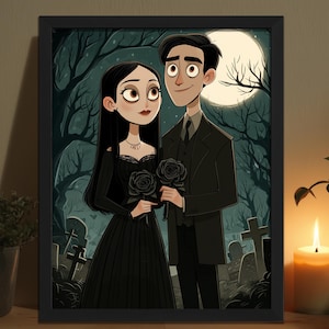Puede incluir: Ilustraci&oacute;n enmarcada de una pareja con atuendo g&oacute;tico, sosteniendo rosas negras. El fondo presenta una escena de cementerio con luna llena, &aacute;rboles oscuros y l&aacute;pidas. La obra de arte es de estilo caricaturesco, con una paleta oscura.