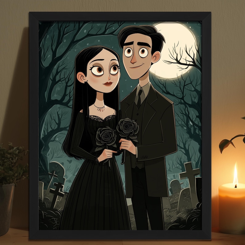 Puede incluir: Ilustraci&oacute;n enmarcada de una pareja con atuendo g&oacute;tico, sosteniendo rosas negras. El fondo presenta una escena de cementerio con luna llena, &aacute;rboles oscuros y l&aacute;pidas. La obra de arte es de estilo caricaturesco, con una paleta oscura.