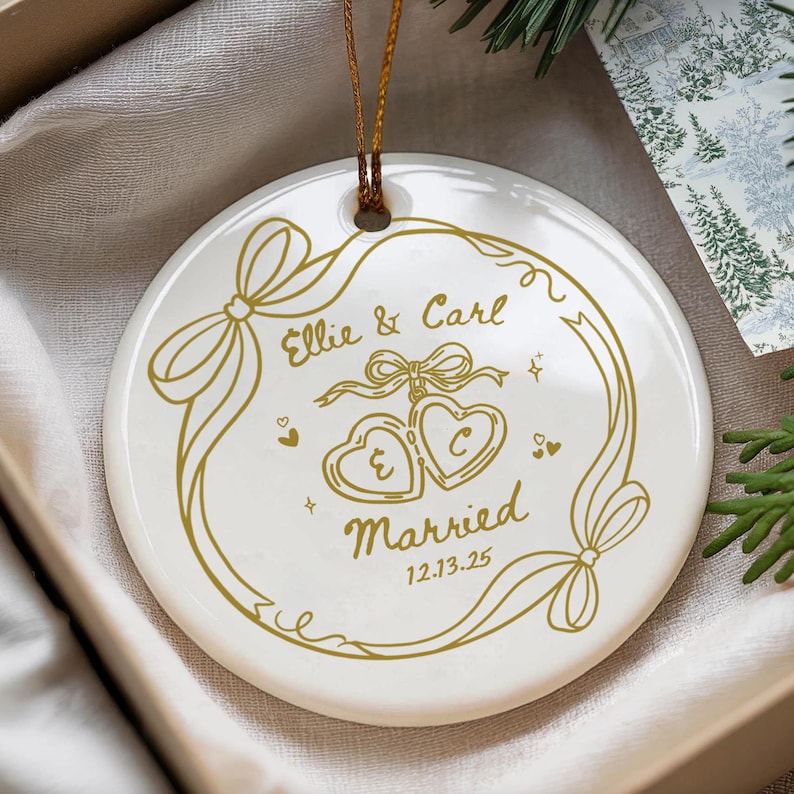 2 Sided Ceramic Ornament, Custom Engagement Gift, Personalized Engagement Gift for Engaged Couples, Wedding Gift Newlyweds, Bride and Groom image 2