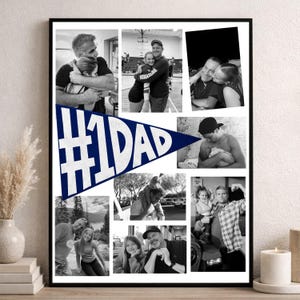 May include: A framed collage of black and white photos, featuring various images of a father with his children. A blue pennant with the text "#1 DAD" is prominently displayed in the center of the collage. The frame is black.