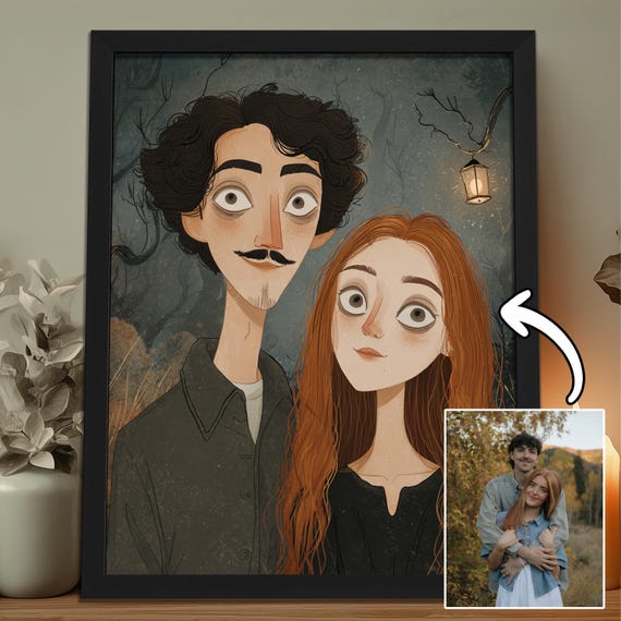 Custom Gothic Couple Portrait with Pets, Personalized Wall Art Newlywed, Valentines Day, Wedding Anniversary Gifts [Max 6 People and Pets]