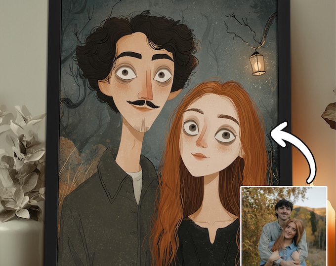 Custom Gothic Couple Portrait Poster, Valentines Day Wall Art, Anniversary Illustration, Newlywed Christmas Gift [Max 6 People and Pets]