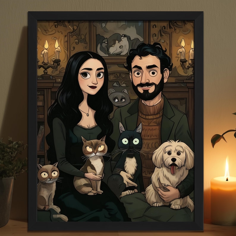 Puede incluir: Retrato enmarcado de una pareja con varios gatos y un perro. La pareja est&aacute; sentada, rodeada de sus mascotas. La obra de arte tiene una est&eacute;tica oscura y g&oacute;tica, con una c&aacute;lida iluminaci&oacute;n de velas en el fondo. El marco es negro.