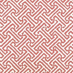May include: A repeating geometric pattern of interlocking squares and rectangles in a coral pink color on a white background.