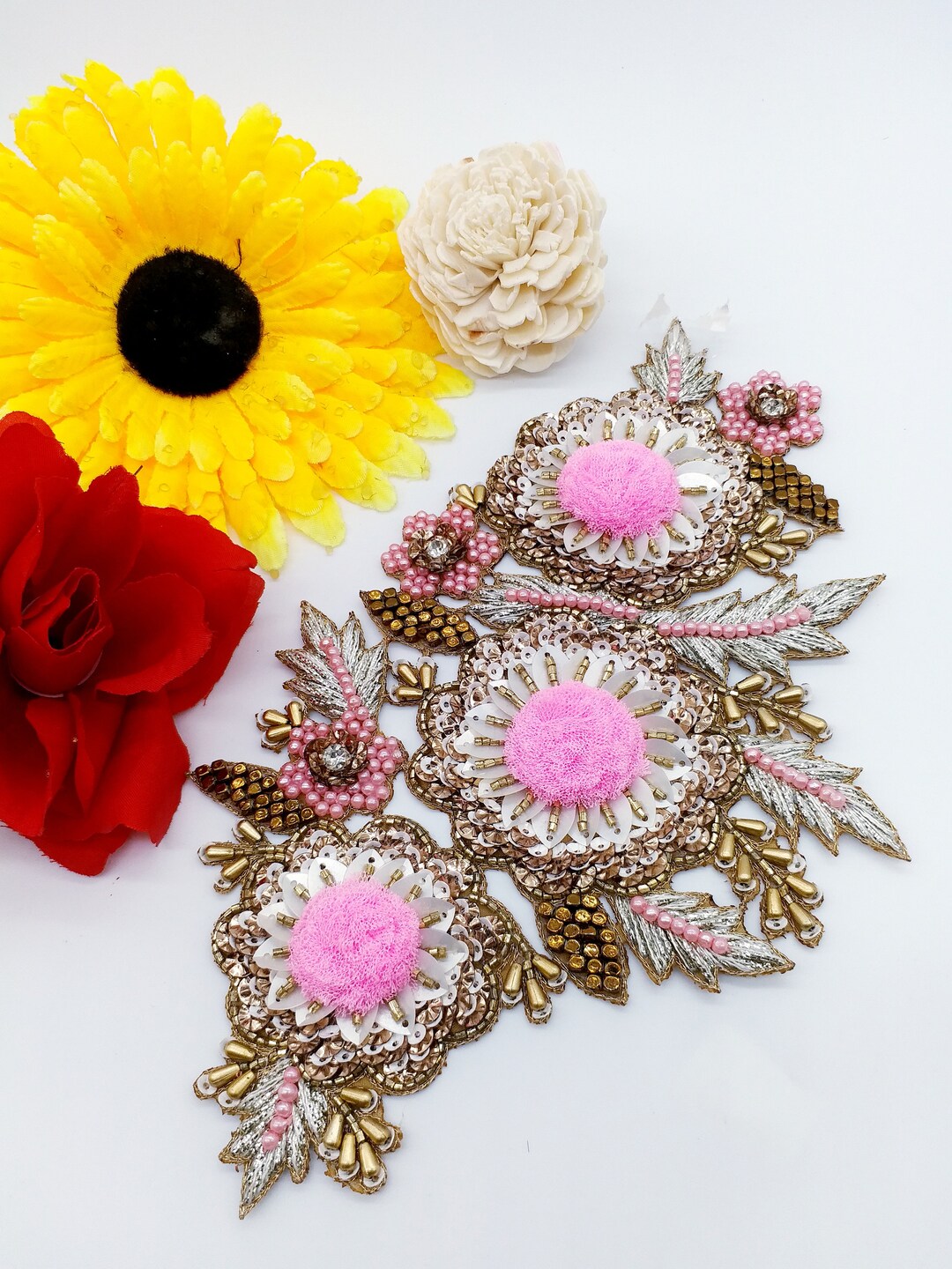 Set of 3 Pieces Handmade Applique With Baby Pink Net Flowers,couture