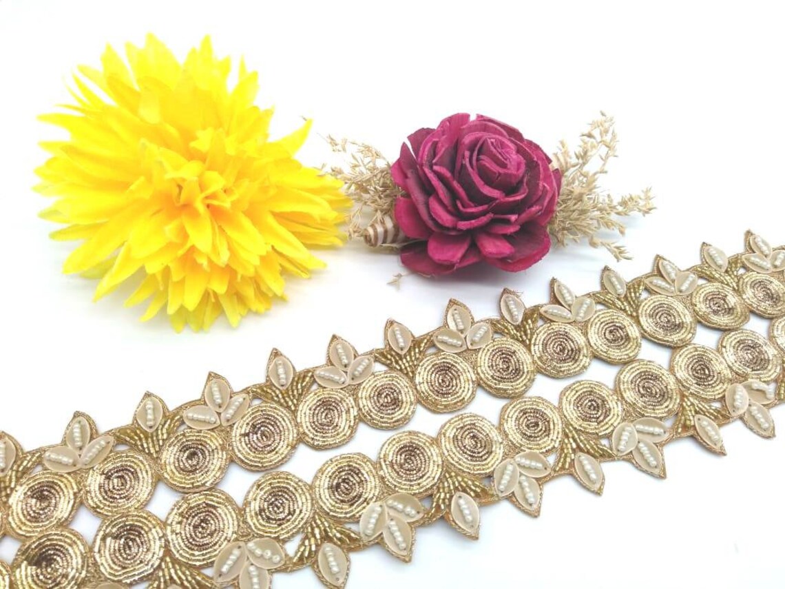 Beautiful Handmade Flower Lace Golden Handmade Trim Wedding Dress