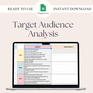 Può includere: Uno schermo di computer portatile che mostra un foglio di calcolo di Google Sheets con il titolo "Analisi del pubblico di destinazione". Il foglio di calcolo è diviso in tre colonne: "Domande", "Cosa?", "Perché?" e "Pubblico di destinazione 1". Il foglio di calcolo contiene un elenco di domande per aiutarti a comprendere il tuo pubblico di destinazione.