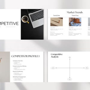 May include: A presentation slide deck with the title "Competitive Analysis". The slide deck includes a competitor profile, market trends, and a competitive analysis chart.