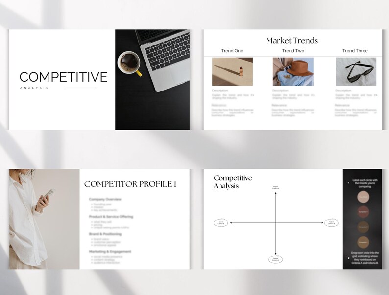 May include: A presentation slide deck with the title "Competitive Analysis". The slide deck includes a competitor profile, market trends, and a competitive analysis chart.