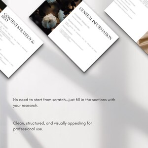 May include: A set of printable worksheets for Etsy sellers to help with their content strategy and SEO. The worksheets are designed to be clean, structured, and visually appealing.