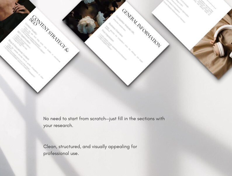 May include: A set of printable worksheets for Etsy sellers to help with their content strategy and SEO. The worksheets are designed to be clean, structured, and visually appealing.